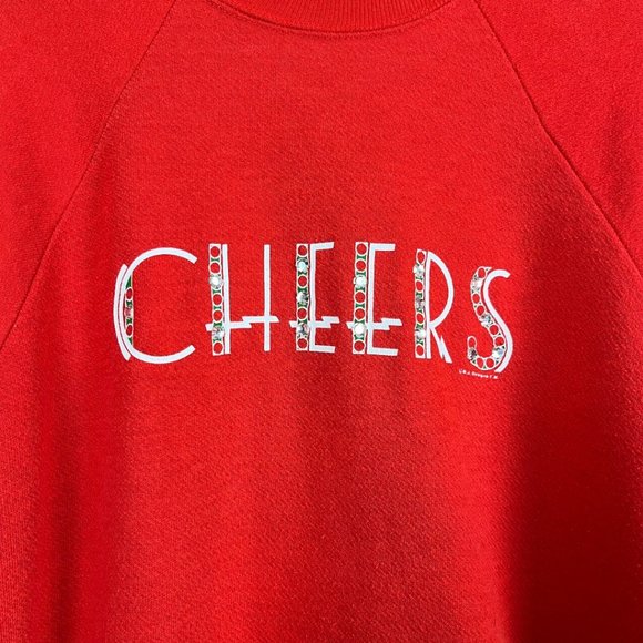 Vintage 80s 90s Red Long Sleeve Pullover Red Graphic Cheers Sweatshirt Holiday L - Picture 3 of 7